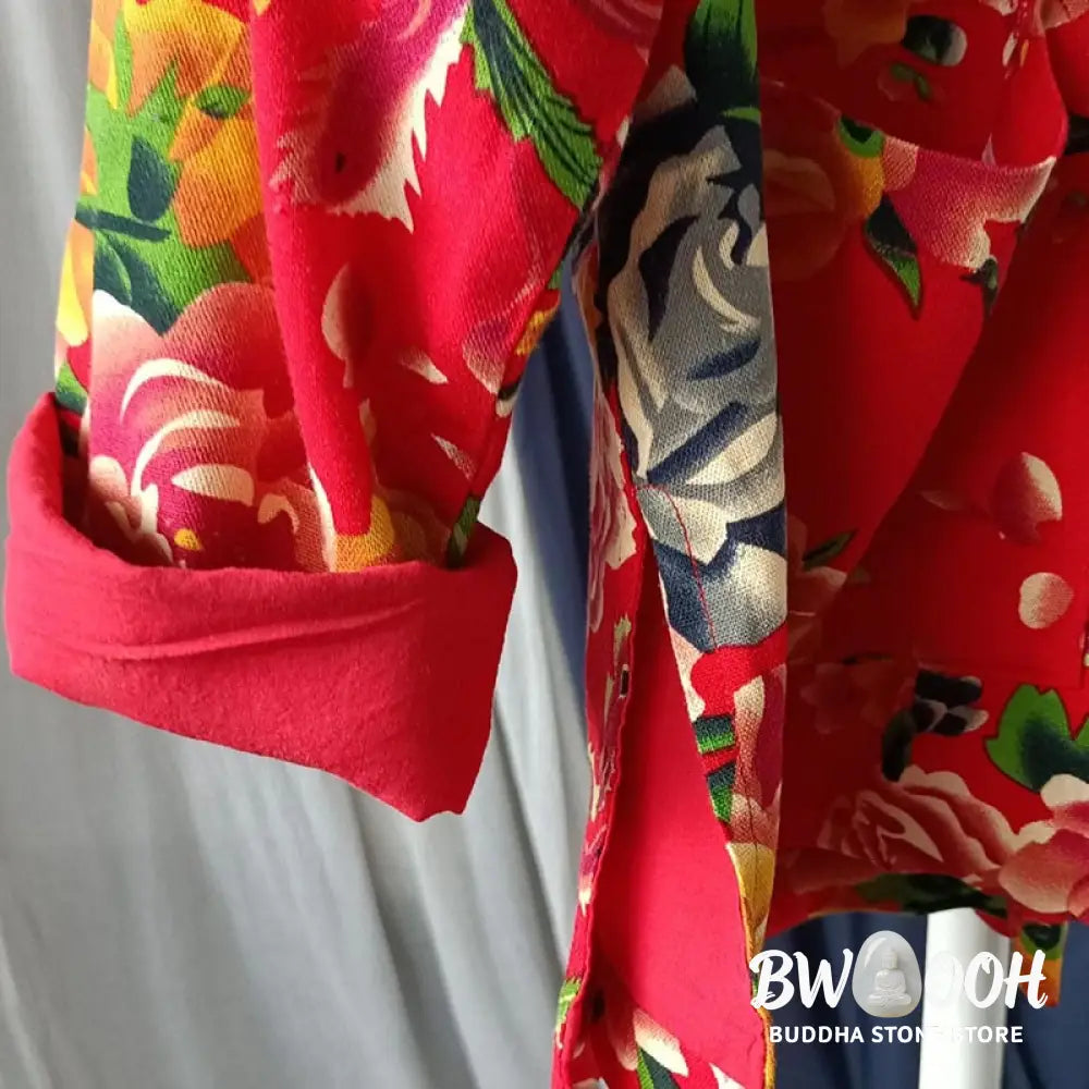 Buddha Stones Ethnic Red Flower Peony Frog-Button Cotton Linen Long Sleeve Shirt Jacket With Pockets