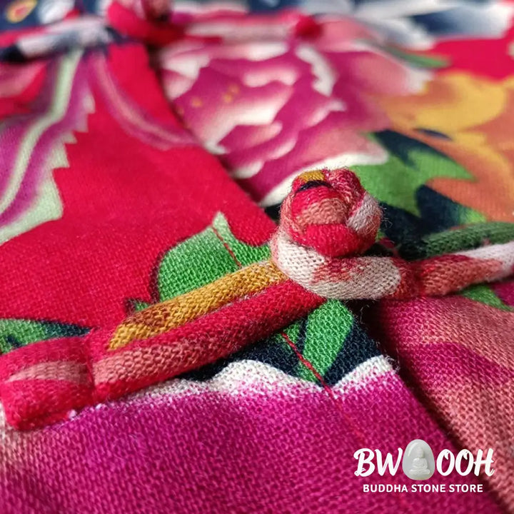 Buddha Stones Ethnic Red Flower Peony Frog-Button Cotton Linen Long Sleeve Shirt Jacket With Pockets