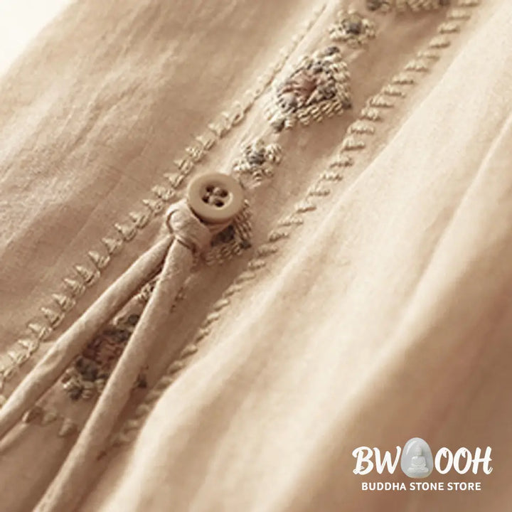 Buddha Stones Ethnic Vintage Embroidery Button Design Women’s Cotton Linen 7-8 Length Skirt - Skirt
