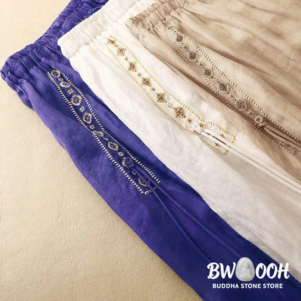 Buddha Stones Ethnic Vintage Embroidery Button Design Women’s Cotton Linen 7-8 Length Skirt - Skirt