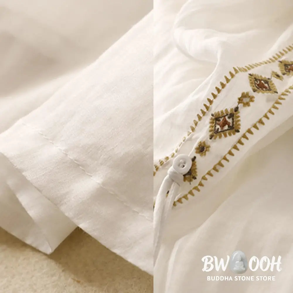 Buddha Stones Ethnic Vintage Embroidery Button Design Women’s Cotton Linen 7-8 Length Skirt - Skirt