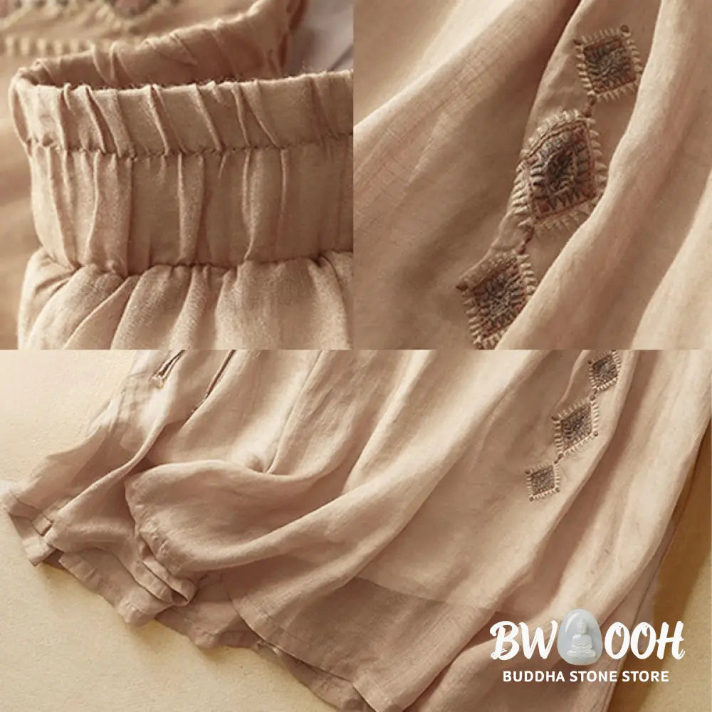 Buddha Stones Ethnic Vintage Embroidery Button Design Women’s Cotton Linen 7-8 Length Skirt - Skirt