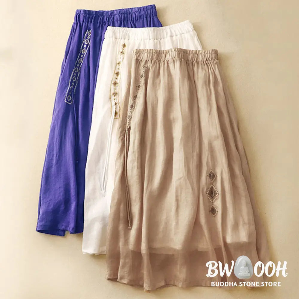 Buddha Stones Ethnic Vintage Embroidery Button Design Women’s Cotton Linen 7-8 Length Skirt - Skirt