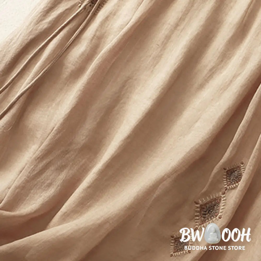 Buddha Stones Ethnic Vintage Embroidery Button Design Women’s Cotton Linen 7-8 Length Skirt - Skirt
