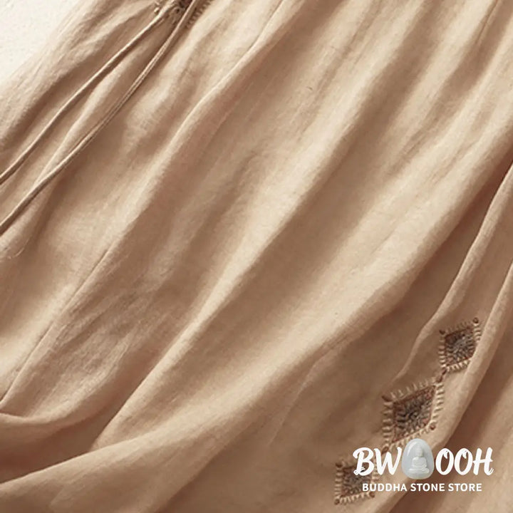 Buddha Stones Ethnic Vintage Embroidery Button Design Women’s Cotton Linen 7-8 Length Skirt - Skirt