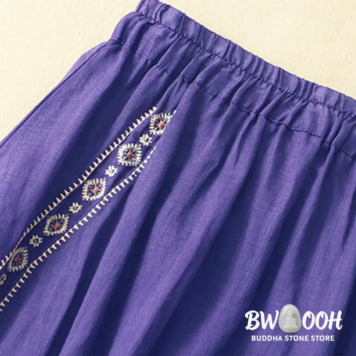 Buddha Stones Ethnic Vintage Embroidery Button Design Women’s Cotton Linen 7-8 Length Skirt - Skirt