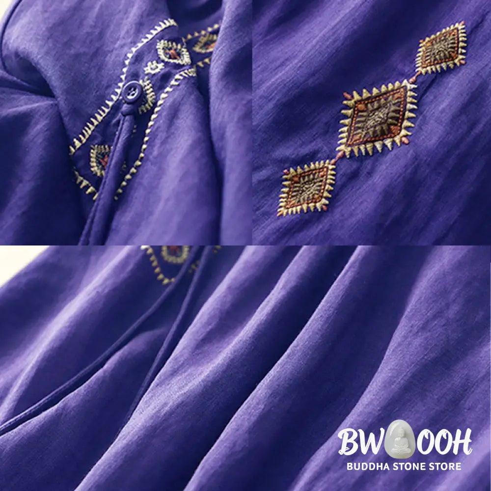 Buddha Stones Ethnic Vintage Embroidery Button Design Women’s Cotton Linen 7-8 Length Skirt - Skirt