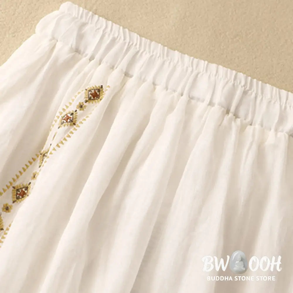 Buddha Stones Ethnic Vintage Embroidery Button Design Women’s Cotton Linen 7-8 Length Skirt - Skirt