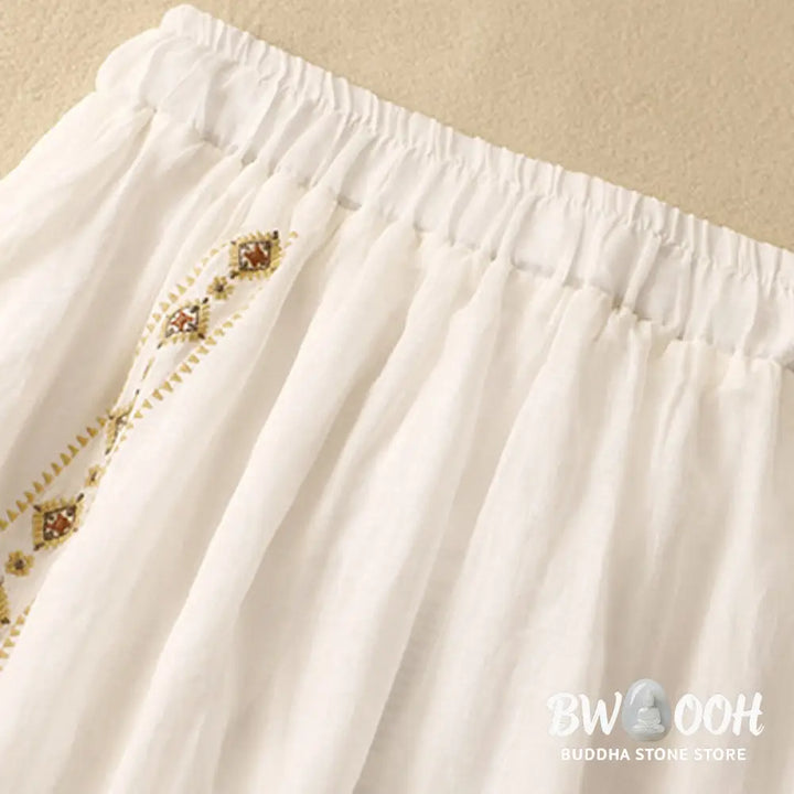 Buddha Stones Ethnic Vintage Embroidery Button Design Women’s Cotton Linen 7-8 Length Skirt - Skirt