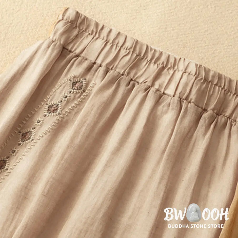 Buddha Stones Ethnic Vintage Embroidery Button Design Women’s Cotton Linen 7-8 Length Skirt - Skirt