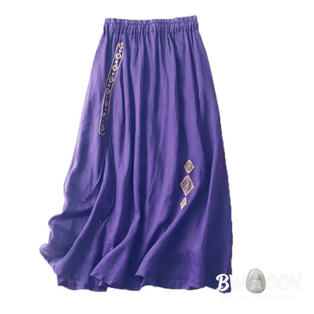 Buddha Stones Ethnic Vintage Embroidery Button Design Women’s Cotton Linen 7-8 Length Skirt - Skirt