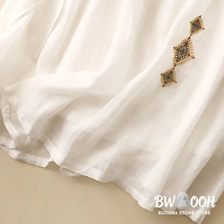 Buddha Stones Ethnic Vintage Embroidery Button Design Women’s Cotton Linen 7-8 Length Skirt - Skirt