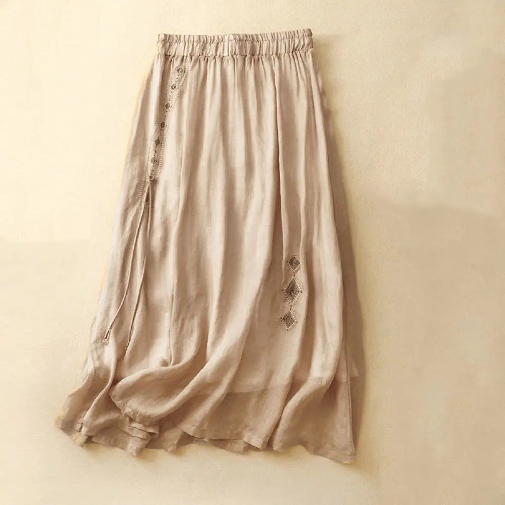 Buddha Stones Ethnic Vintage Embroidery Button Design Women’s Cotton Linen 7-8 Length Skirt - Gold / US4，UK/AU8，EU36