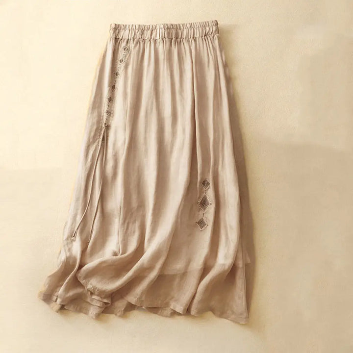 Buddha Stones Ethnic Vintage Embroidery Button Design Women’s Cotton Linen 7-8 Length Skirt - Gold / US4，UK/AU8，EU36