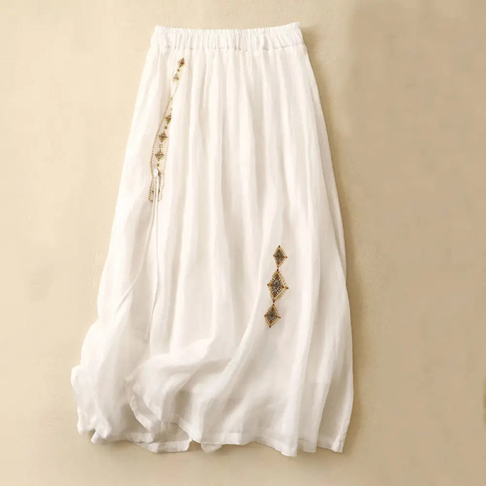 Buddha Stones Ethnic Vintage Embroidery Button Design Women’s Cotton Linen 7-8 Length Skirt - White / US4，UK/AU8，EU36