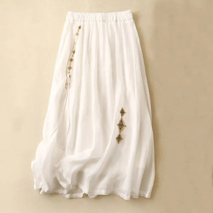 Buddha Stones Ethnic Vintage Embroidery Button Design Women’s Cotton Linen 7-8 Length Skirt - White / US4，UK/AU8，EU36