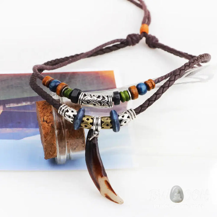 Buddha Stones Ethnic Wolf Tooth Pattern Beads Wealth Necklace Pendant - BWOOOH - Brown - Necklaces &amp; Pendants