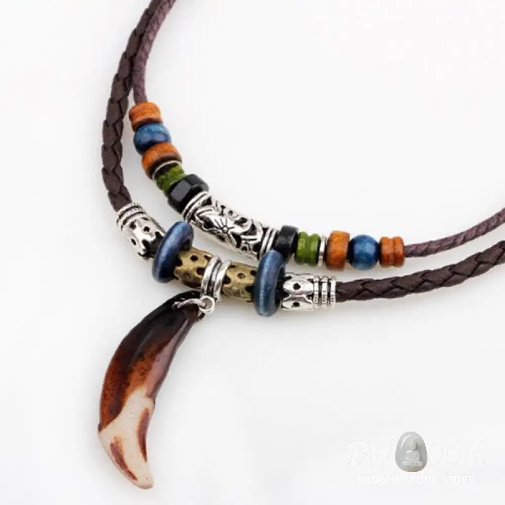 Buddha Stones Ethnic Wolf Tooth Pattern Beads Wealth Necklace Pendant - BWOOOH - Brown - Necklaces &amp; Pendants