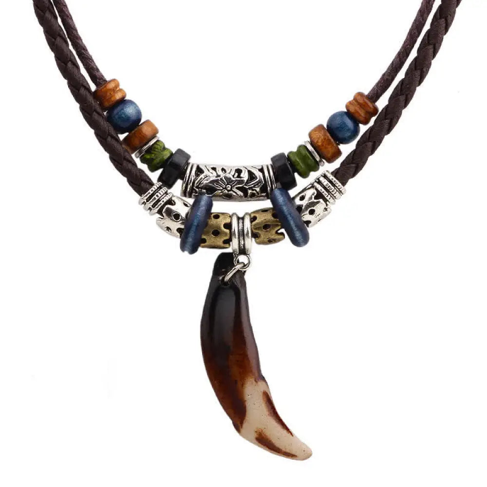 BWOOOH ethnic wolf tooth pattern beads wealth necklace pendant 65cm tribal spiritual jewelry