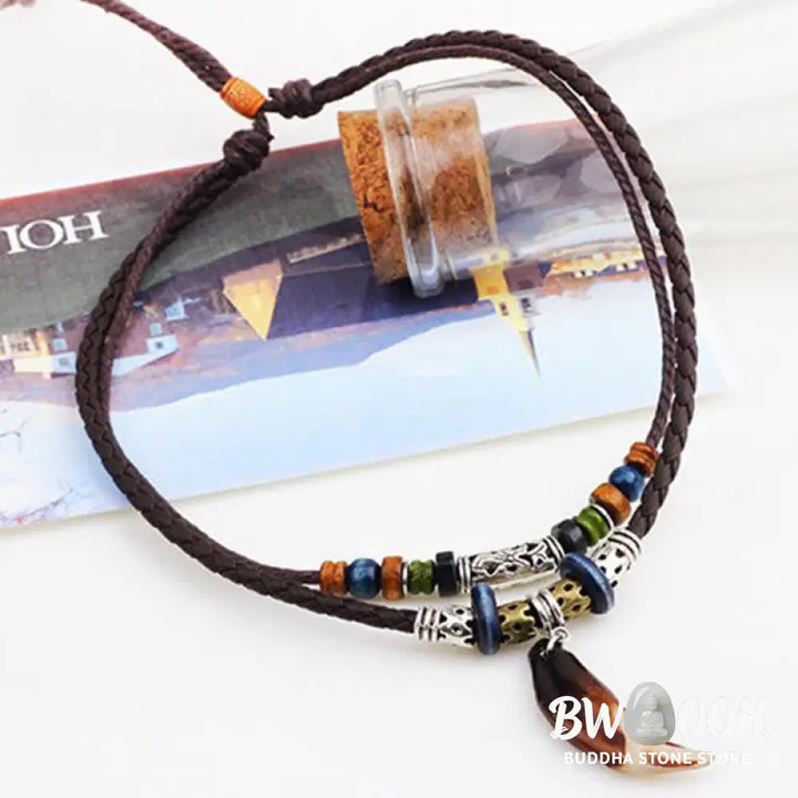 Buddha Stones Ethnic Wolf Tooth Pattern Beads Wealth Necklace Pendant - BWOOOH - Brown - Necklaces &amp; Pendants