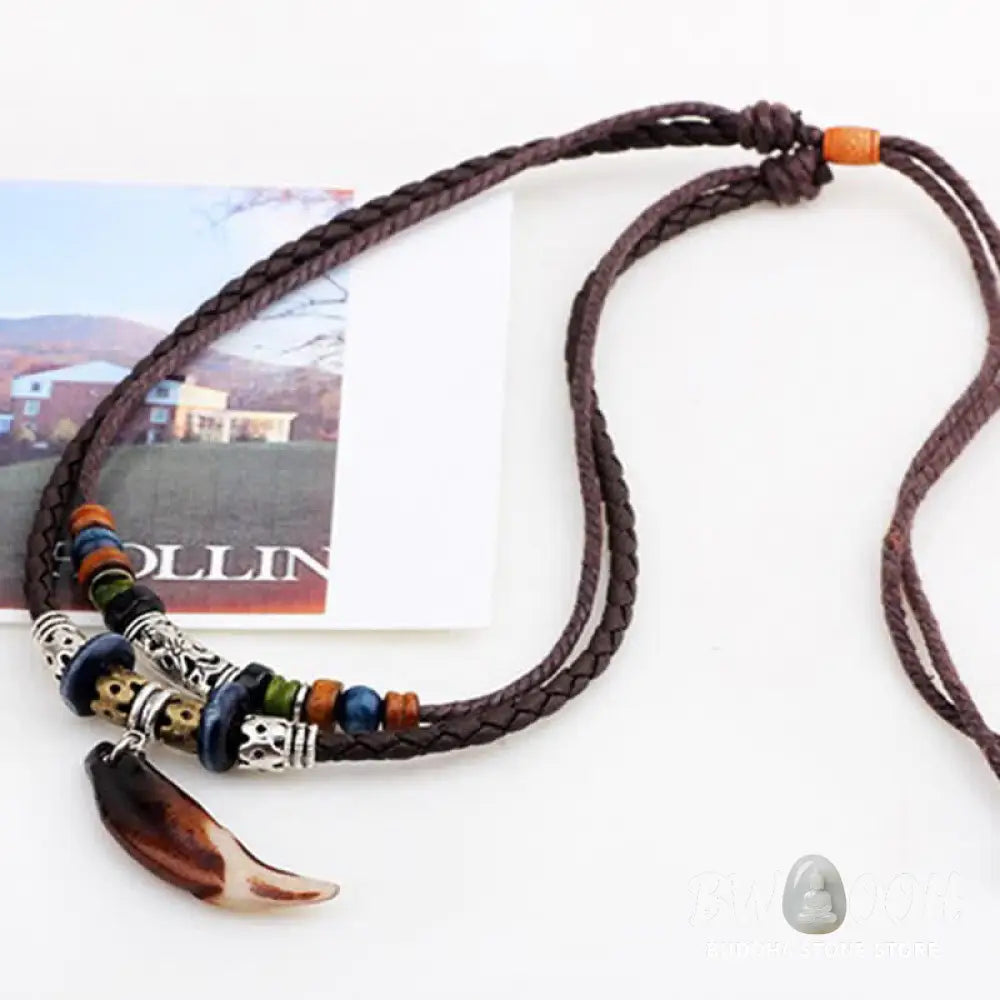 Buddha Stones Ethnic Wolf Tooth Pattern Beads Wealth Necklace Pendant - BWOOOH - Brown - Necklaces &amp; Pendants