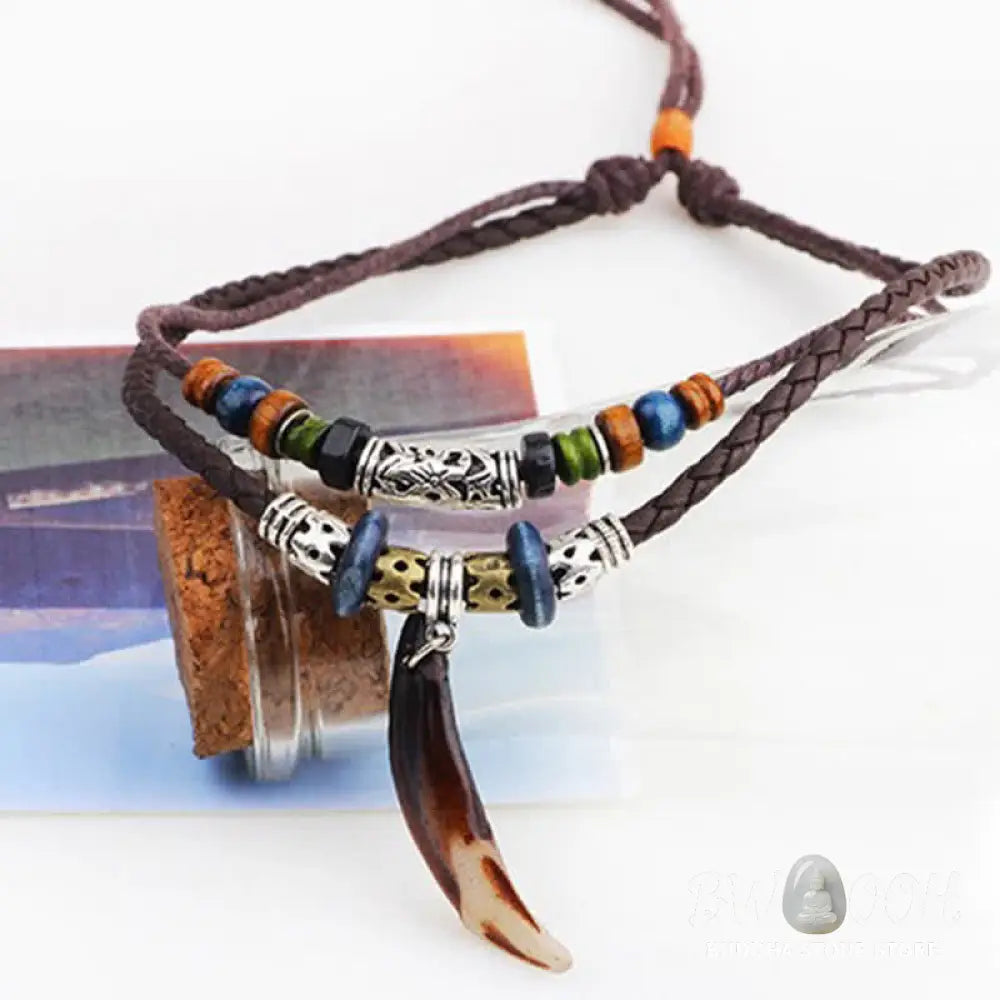 Buddha Stones Ethnic Wolf Tooth Pattern Beads Wealth Necklace Pendant - BWOOOH - Brown - Necklaces &amp; Pendants