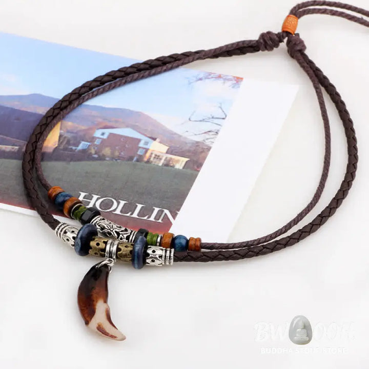Buddha Stones Ethnic Wolf Tooth Pattern Beads Wealth Necklace Pendant - BWOOOH - Brown - Necklaces &amp; Pendants