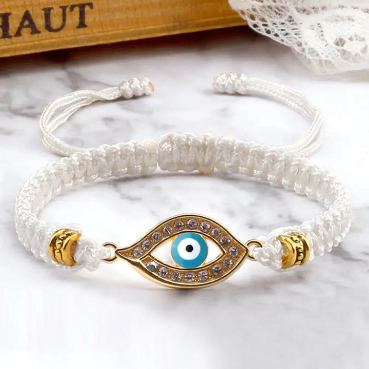 Buddha Stones Evil Eye Keep Away Evil Spirits String Bracelet - BWOOOH - White Light Blue Evil Eye / Gold Border