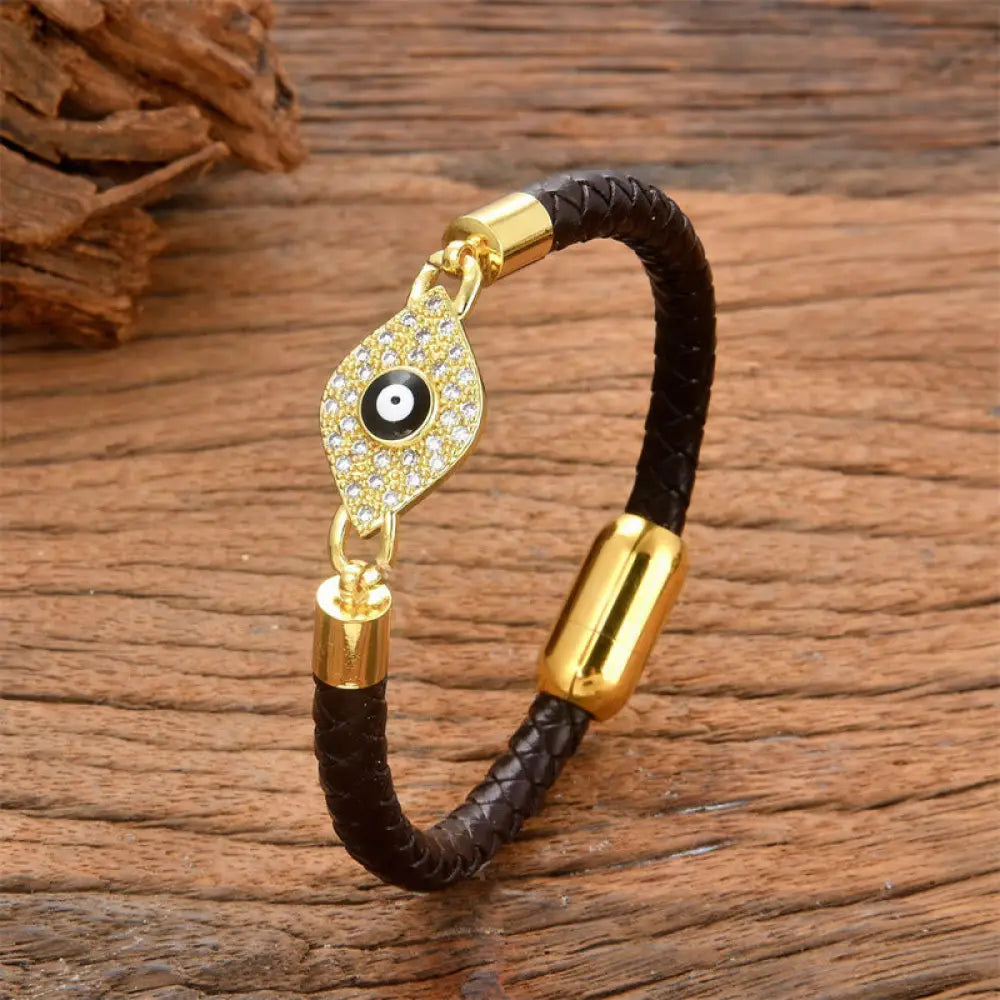 Buddha Stones Evil Eye Protection Leather Metal Buckle Bracelet - BWOOOH - Black Evil Eye / 16-18cm - Bracelet