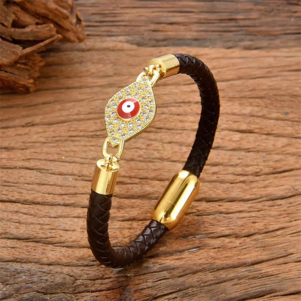 Buddha Stones Evil Eye Protection Leather Metal Buckle Bracelet - BWOOOH - Red Evil Eye / 16-18cm - Bracelet