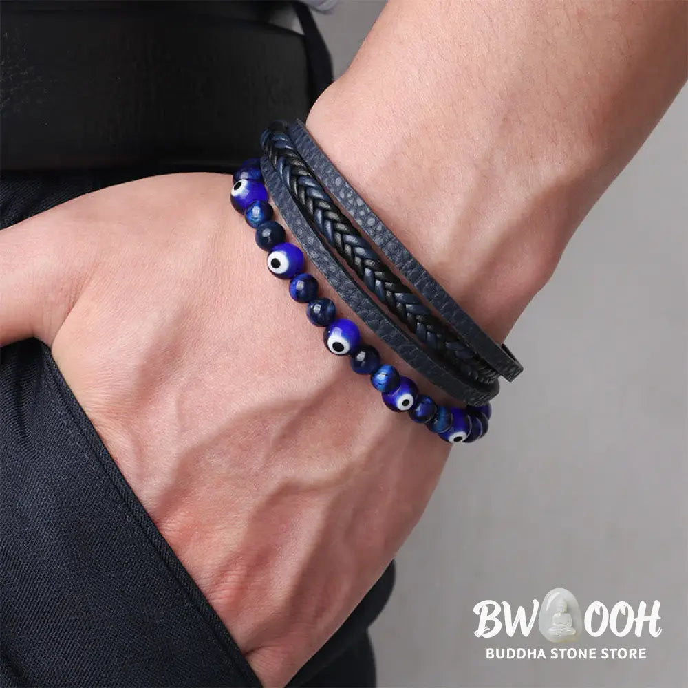 Buddha Stones Evil Eye Tiger Eye Protection Beaded Multilayered Braided Bracelet - Bracelet