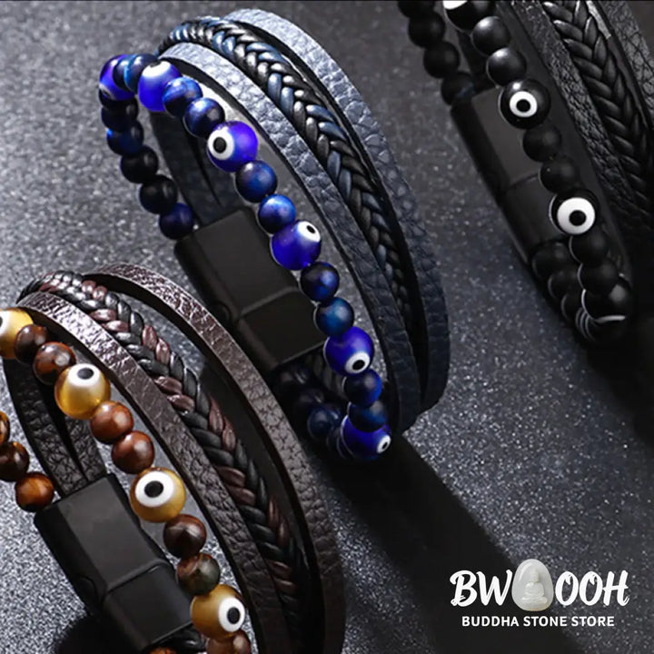 Buddha Stones Evil Eye Tiger Eye Protection Beaded Multilayered Braided Bracelet - Bracelet