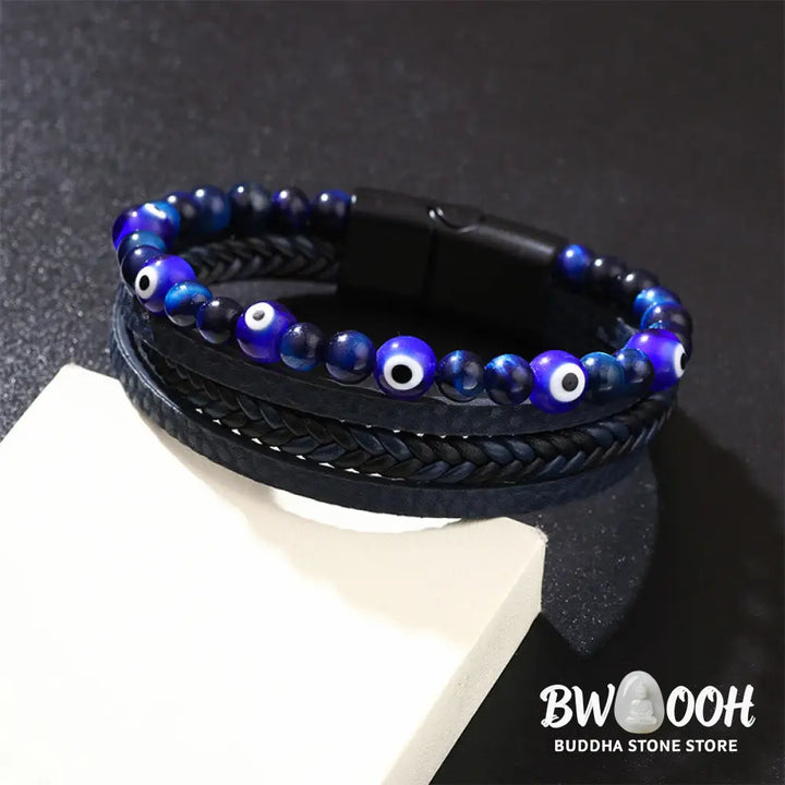Buddha Stones Evil Eye Tiger Eye Protection Beaded Multilayered Braided Bracelet - Bracelet