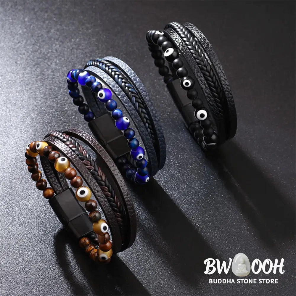 Buddha Stones Evil Eye Tiger Eye Protection Beaded Multilayered Braided Bracelet - Bracelet