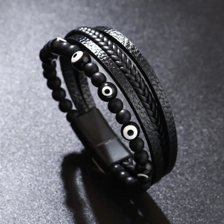 Buddha Stones Evil Eye Tiger Eye Protection Beaded Multilayered Braided Bracelet - Black / 19cm - Bracelet