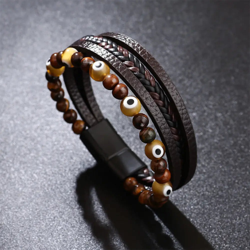 Buddha Stones Evil Eye Tiger Eye Protection Beaded Multilayered Braided Bracelet - Brown / 19cm - Bracelet