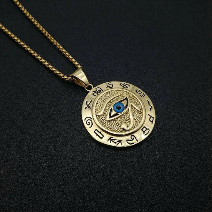 BWOOOH Eye of Horus Protection Necklace Pendant in polished titanium steel, showcasing the ancient Egyptian Wadjet symbol for healing, divine power, and warding off negative energy, styled for modern wear.
