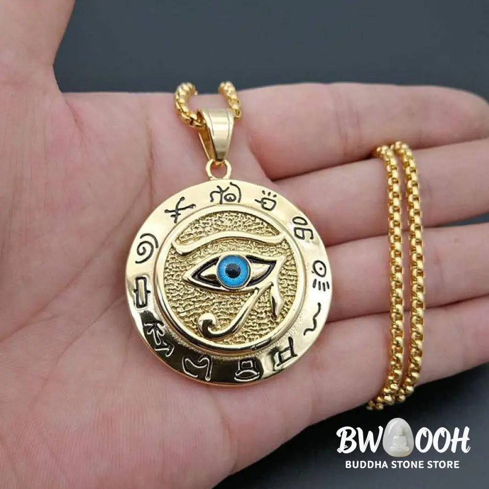 BWOOOH Eye of Horus Protection Necklace Pendant in polished titanium steel, showcasing the ancient Egyptian Wadjet symbol for healing, divine power, and warding off negative energy, styled for modern wear. - View 2