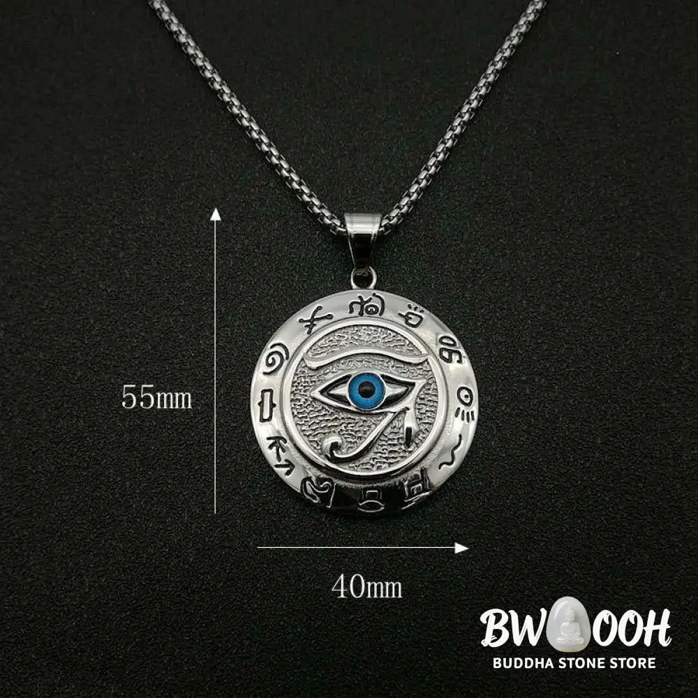 BWOOOH Eye of Horus Protection Necklace Pendant in polished titanium steel, showcasing the ancient Egyptian Wadjet symbol for healing, divine power, and warding off negative energy, styled for modern wear. - View 4