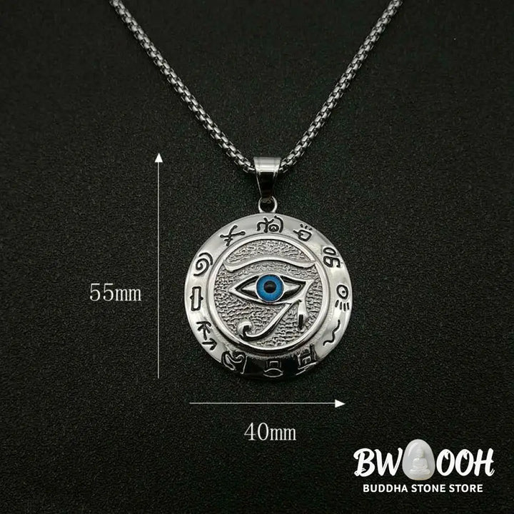 BWOOOH Eye of Horus Protection Necklace Pendant in polished titanium steel, showcasing the ancient Egyptian Wadjet symbol for healing, divine power, and warding off negative energy, styled for modern wear. - View 4
