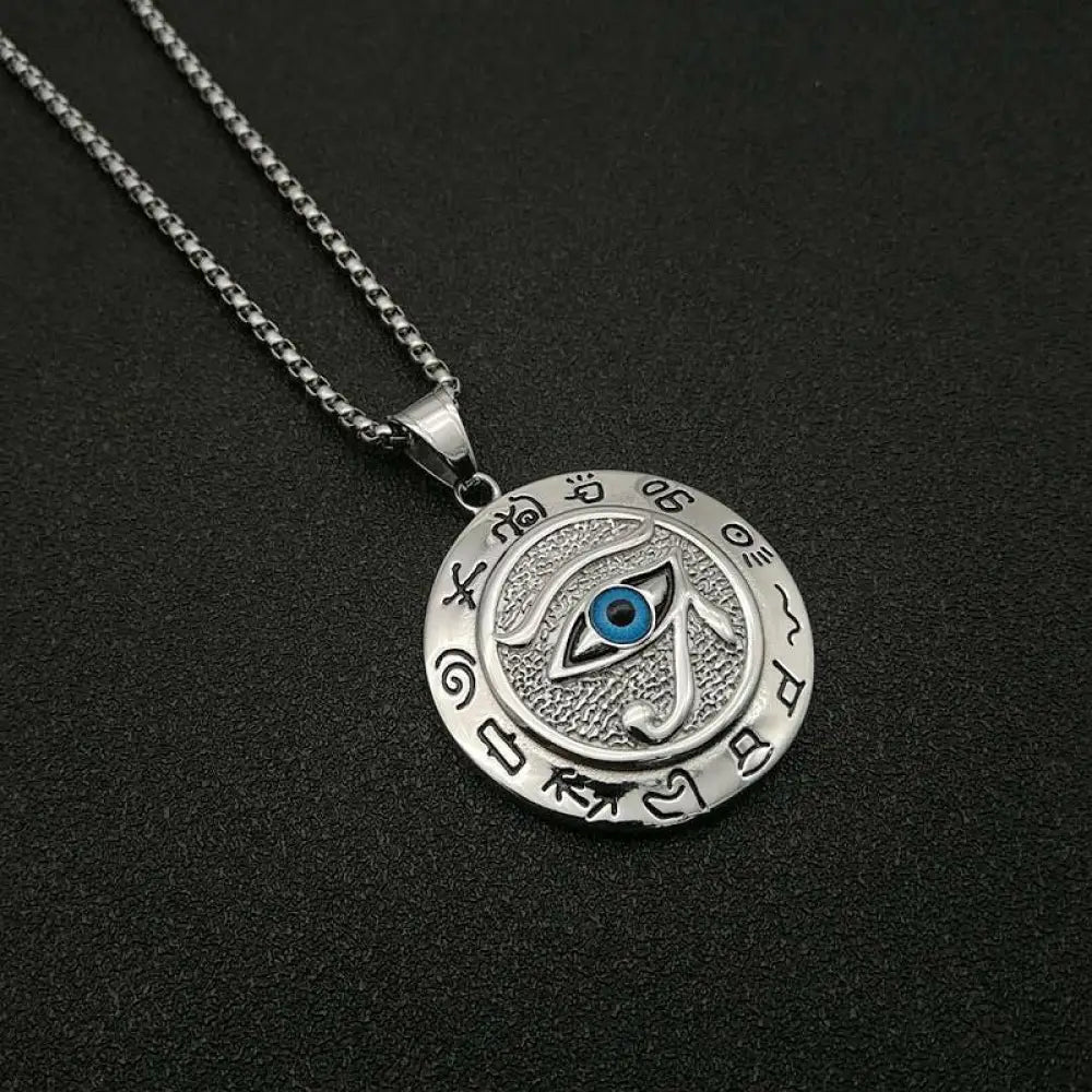 BWOOOH Eye of Horus Protection Necklace Pendant in polished titanium steel, showcasing the ancient Egyptian Wadjet symbol for healing, divine power, and warding off negative energy, styled for modern wear. - View 3