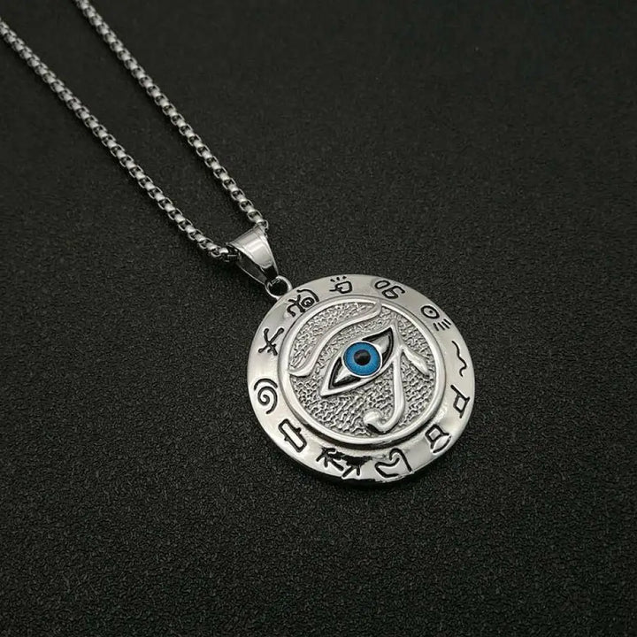 BWOOOH Eye of Horus Protection Necklace Pendant in polished titanium steel, showcasing the ancient Egyptian Wadjet symbol for healing, divine power, and warding off negative energy, styled for modern wear. - View 3
