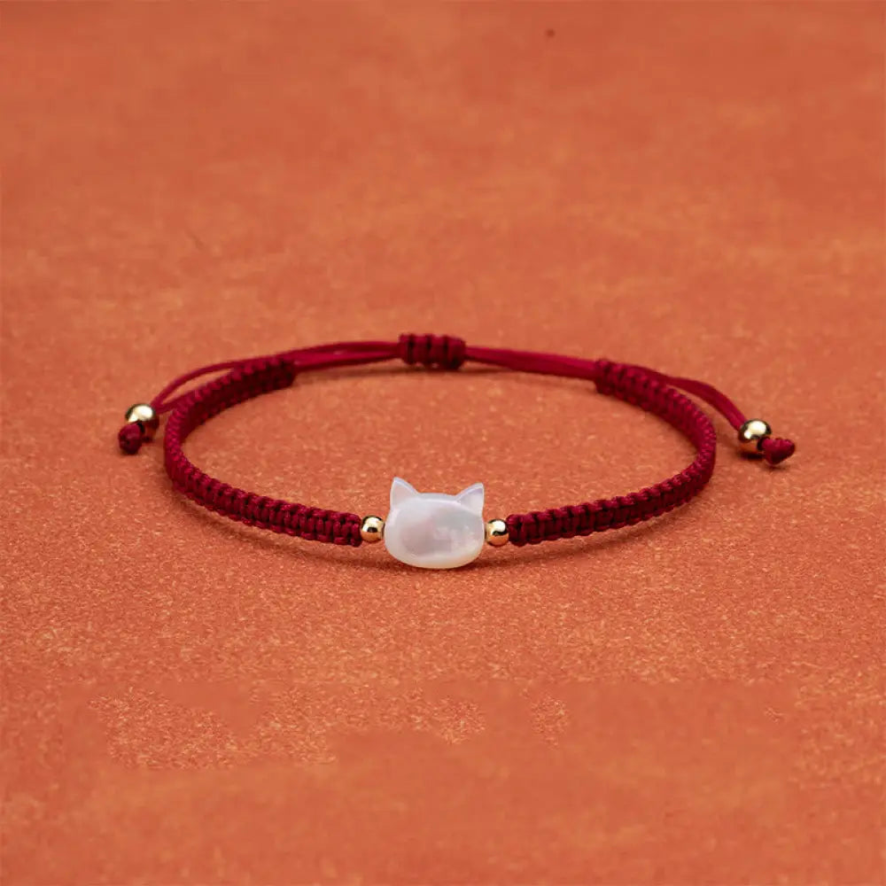 Buddha Stones Faceless Cat Head Red String Shell Connection Bracelet - White Cat Red String - Bracelet