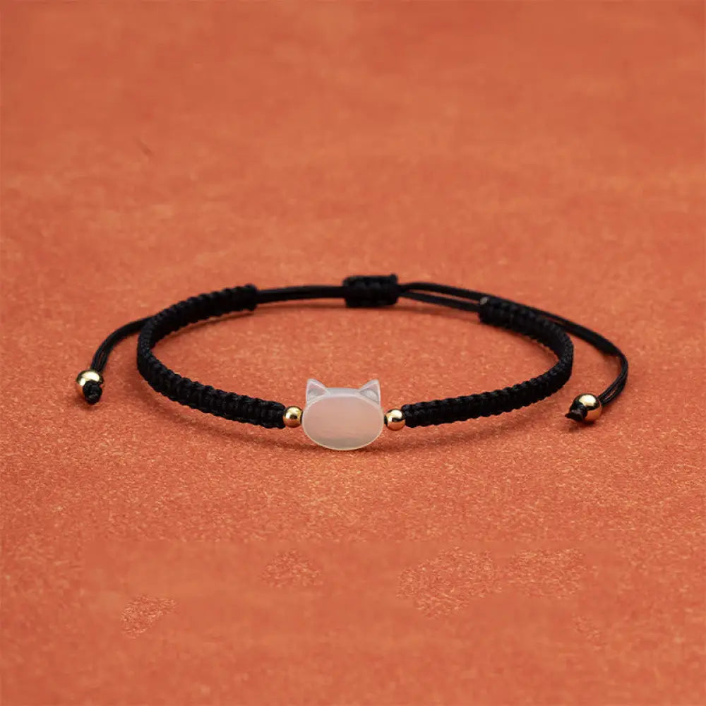 Buddha Stones Faceless Cat Head Red String Shell Connection Bracelet - White Cat Black String - Bracelet