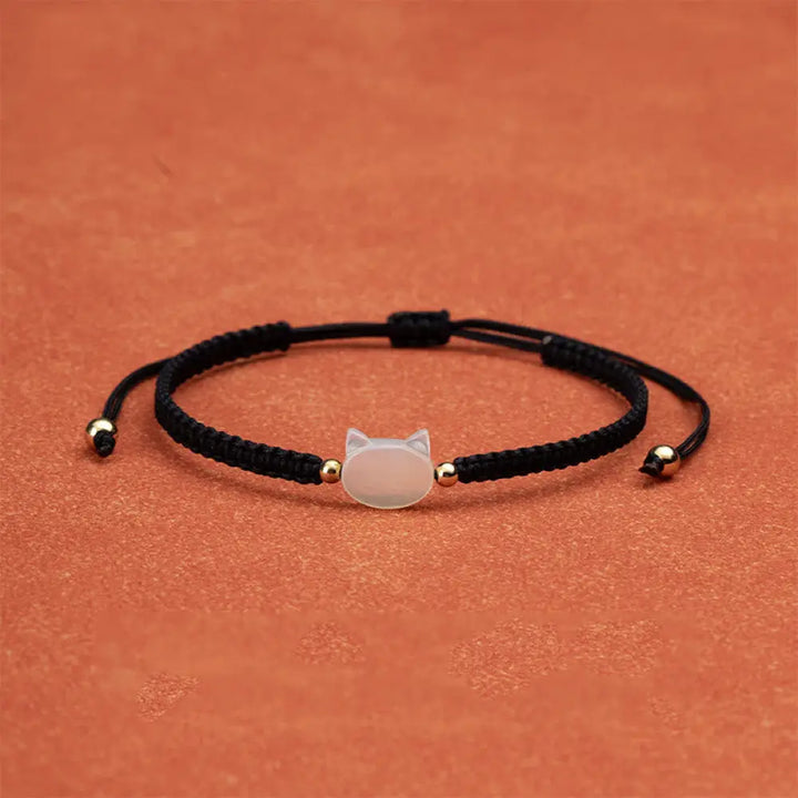 Buddha Stones Faceless Cat Head Red String Shell Connection Bracelet - White Cat Black String - Bracelet