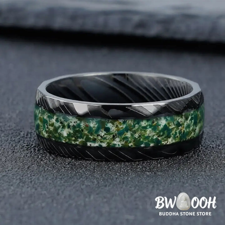 Buddha Stones Faceted Natural Inlay Titanium Steel Strength Ring - Ring