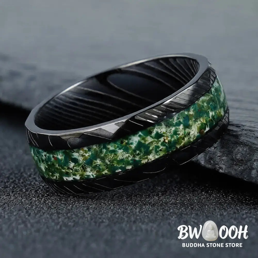Buddha Stones Faceted Natural Inlay Titanium Steel Strength Ring - Ring