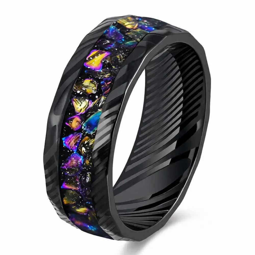 Buddha Stones Faceted Natural Inlay Titanium Steel Strength Ring - Colorful / 17.3mm - Ring