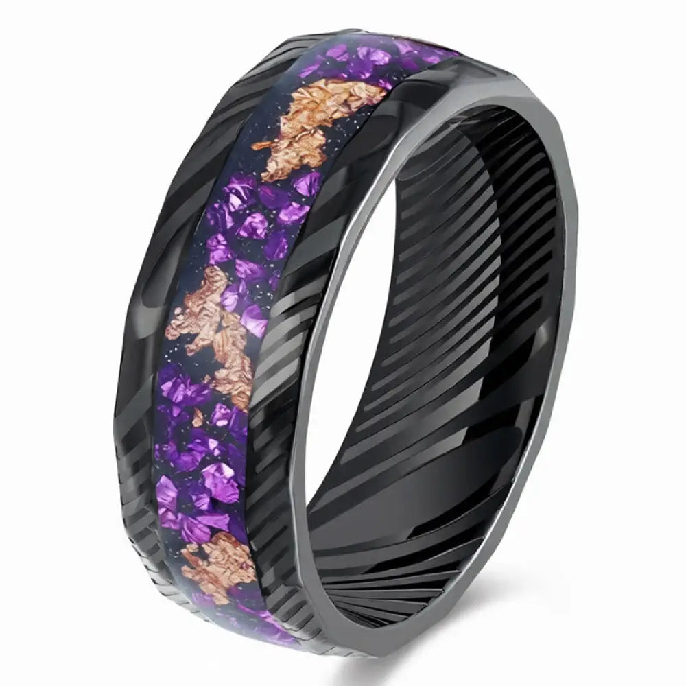 Buddha Stones Faceted Natural Inlay Titanium Steel Strength Ring - Dark Purple / 17.3mm - Ring
