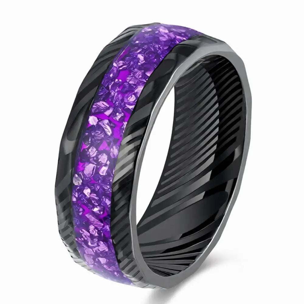 Buddha Stones Faceted Natural Inlay Titanium Steel Strength Ring - Purple / 17.3mm - Ring
